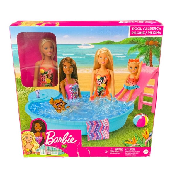 Barbie Pool Playset With Slide Accessories Doll Swimwear Blonde - Picture 1 of 8